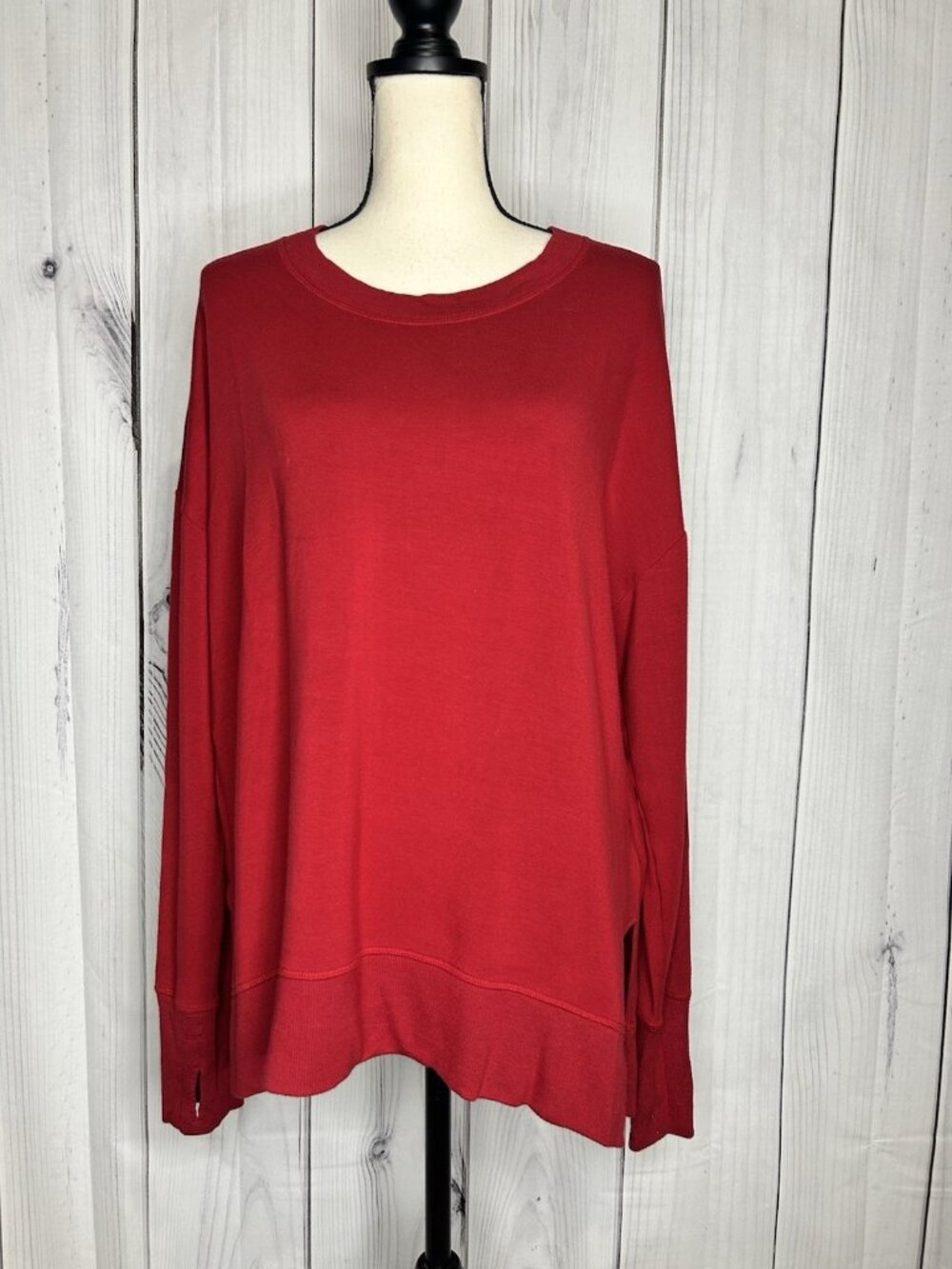 Athleta Coaster Luxe Sweatshirt Red Tencel Modal Pullover Sz L High Low Hem